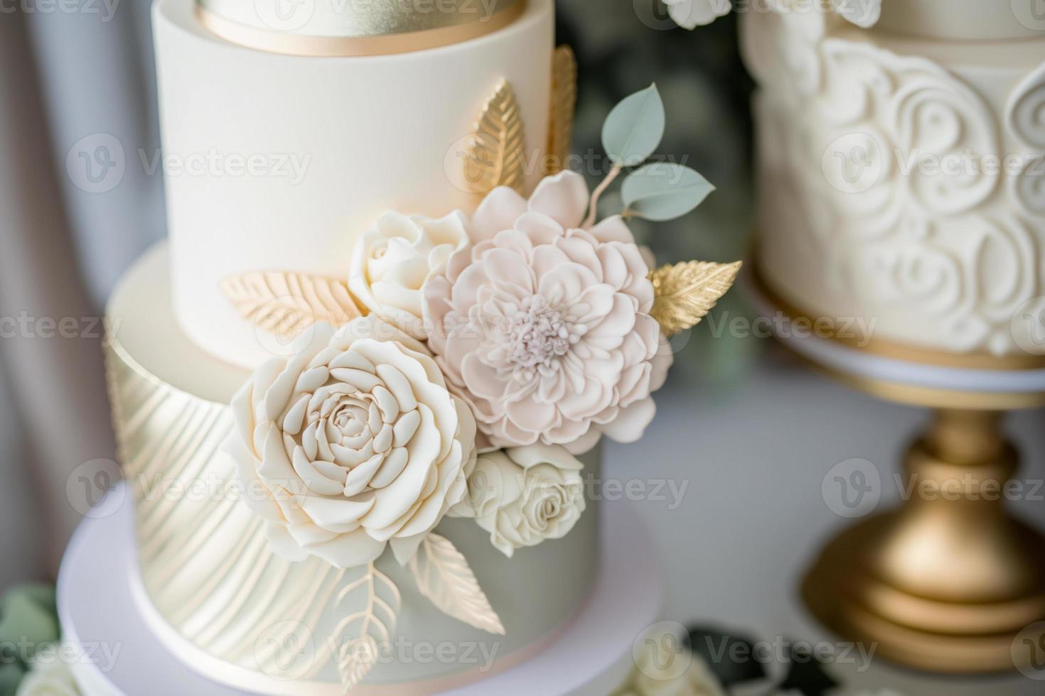 Wedding cake is the traditional cake served at wedding parties after the main meal. In modern Western culture, the cake is usually on display and served to guests during the reception. photo