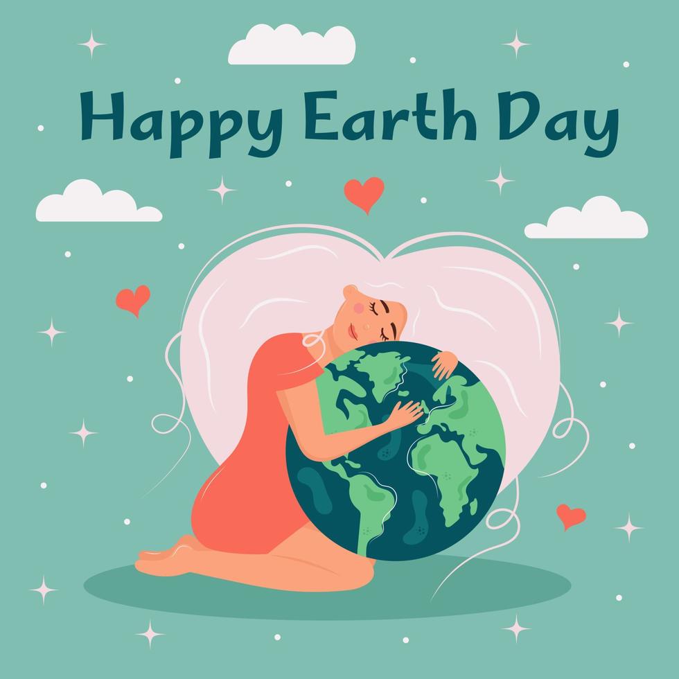 Earth day. Cute girl is holding and hugging planet globe. Her hair in the form of heart. Environment conservation, energy saving , world peace,  ecology support concept. vector