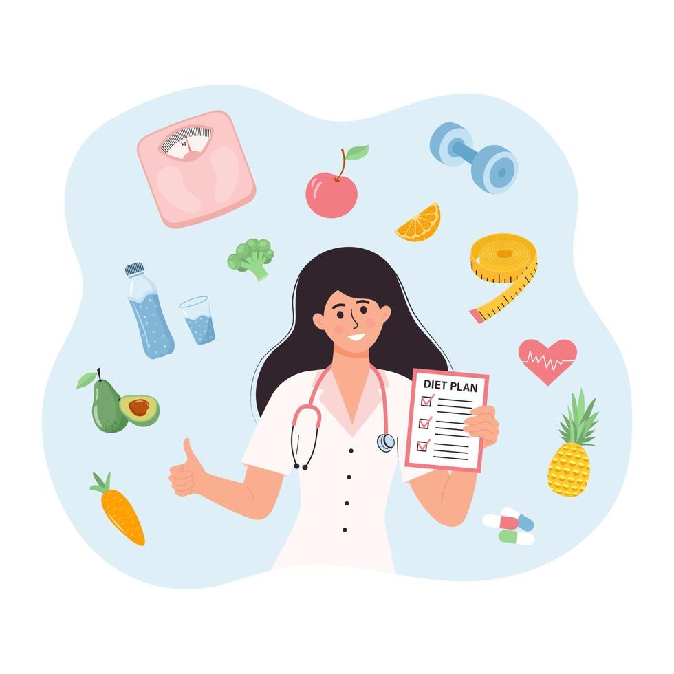 Nutritionist woman with weight loss program and diet plan. Healthy food, vitamins, sport  icons around. Healthy lifestyle, fitness, sport, training, online course, nutrition recommendations. vector
