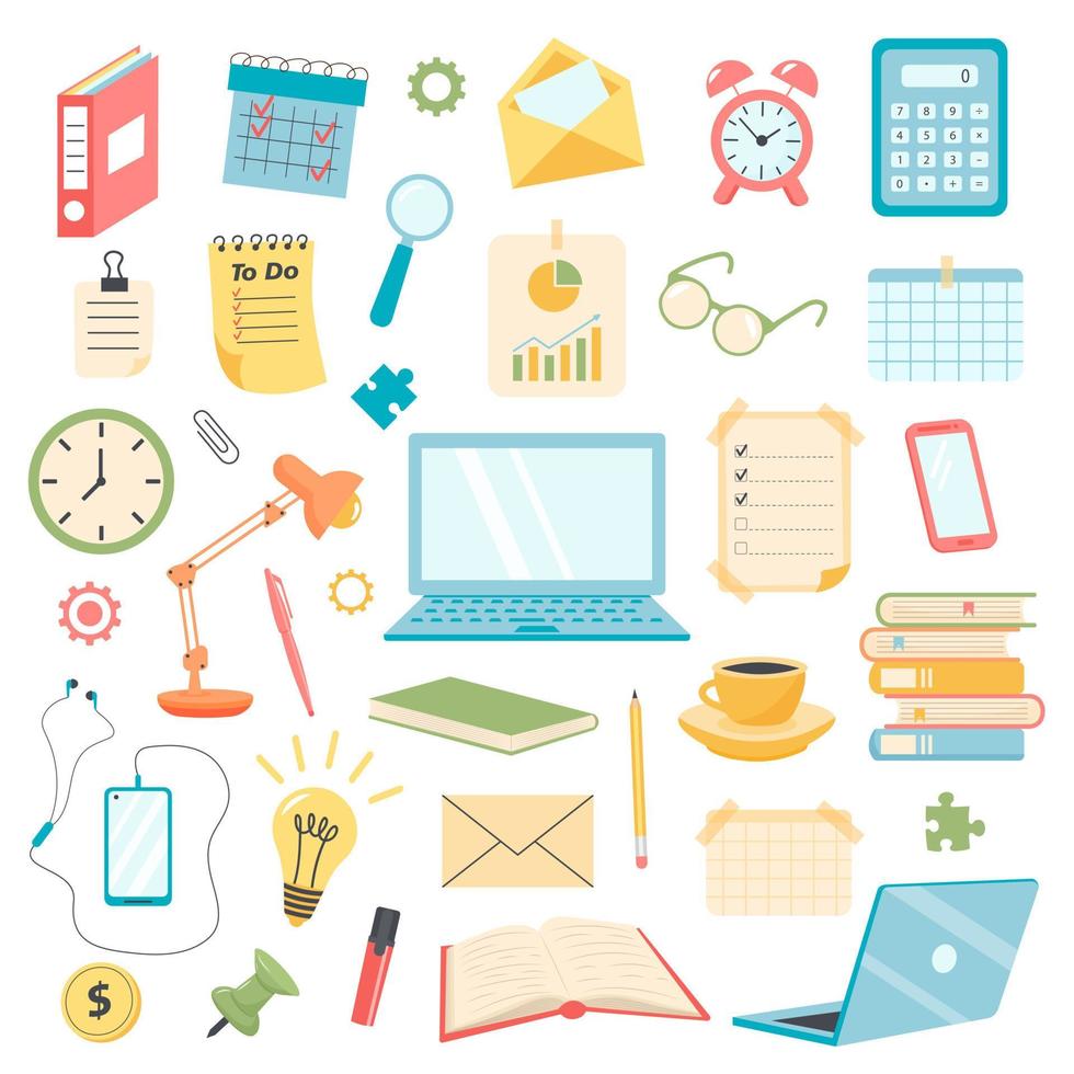 Office items set. Business flat icons. Flat vector illustration.