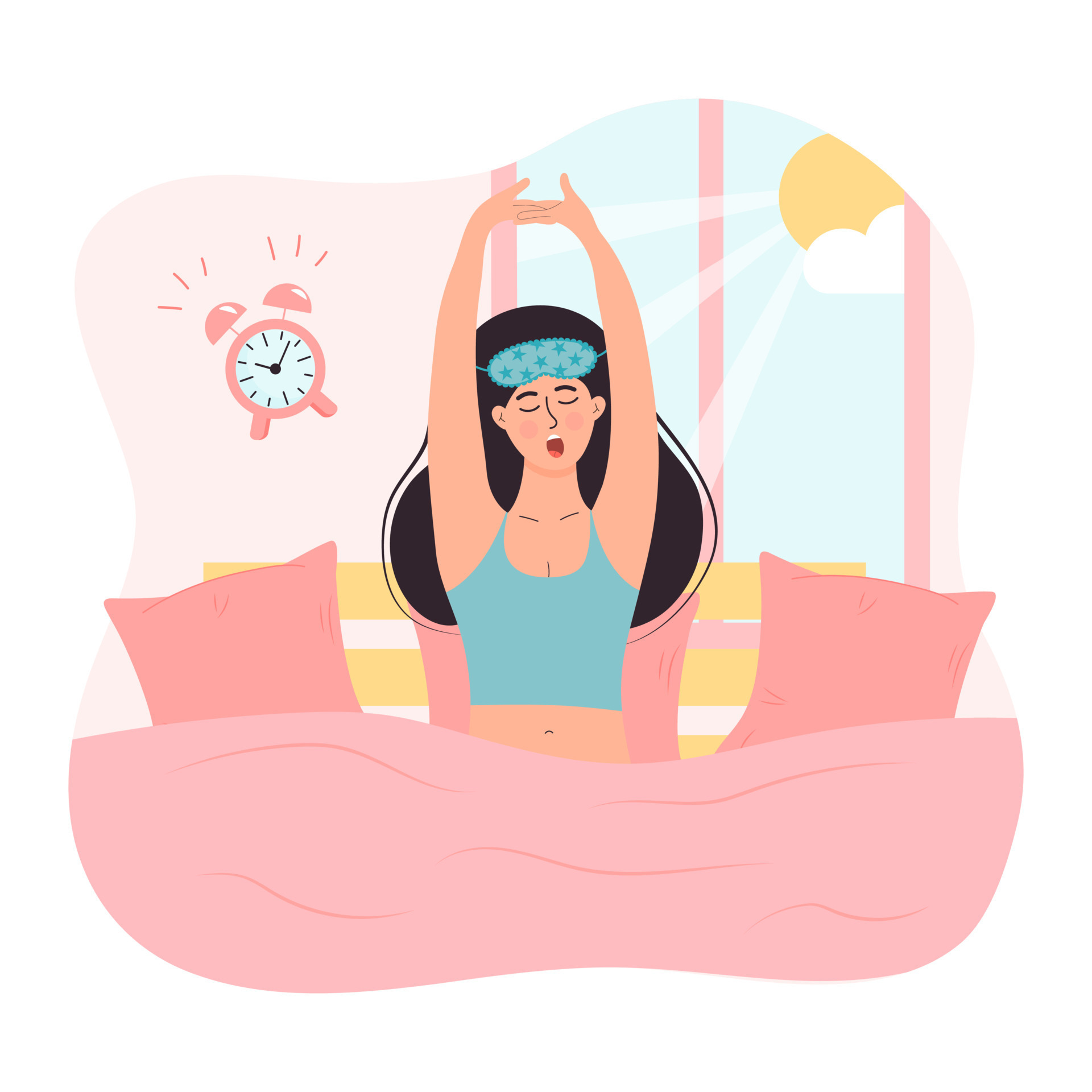 Woman in sleeping mask is waking up, yawning and stretching out in the bed with pillows. Sun