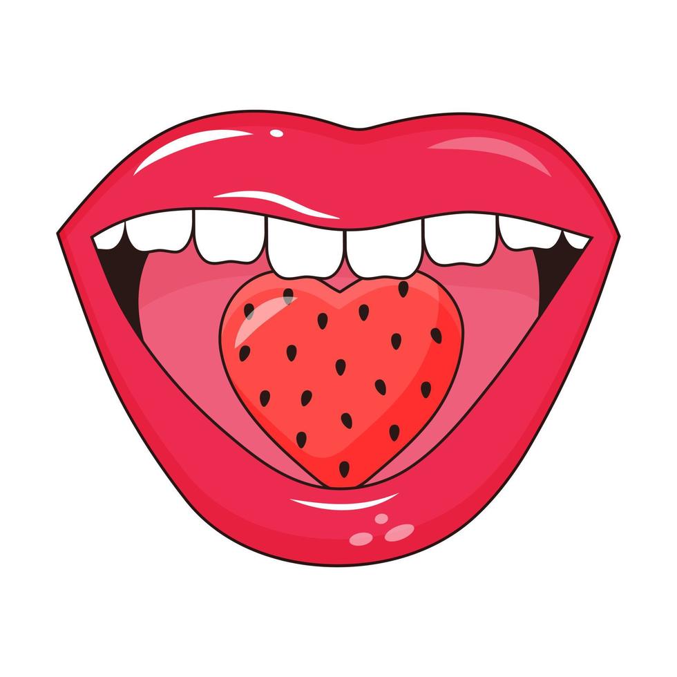 Glossy half-opened mouth with strawberry in pop art style. Female sexy lips. vector