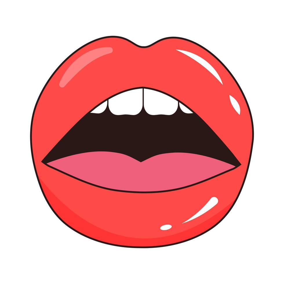 Sexy lips with tongue and teeth in pop art style. Women's half-open mouth. vector