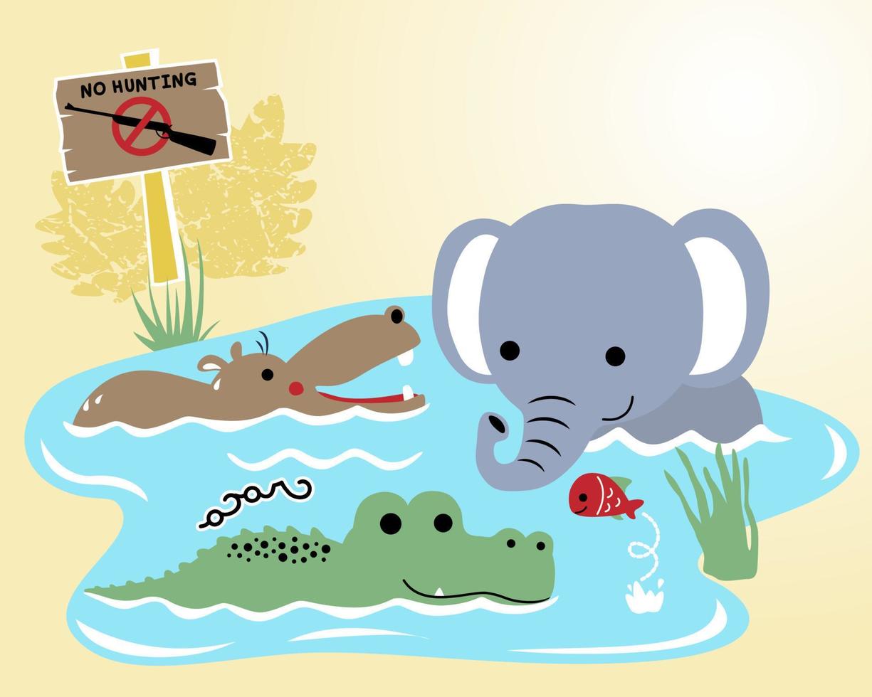 Funny animals cartoon soaking  in the swamp vector