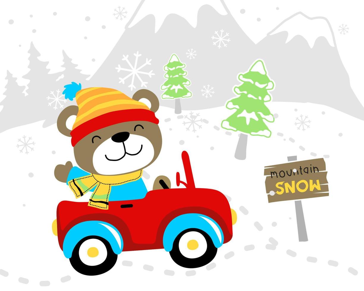 gracioso oso dibujos animados en invierno ropa conducción coche a invierno temporada en montaña antecedentes vector