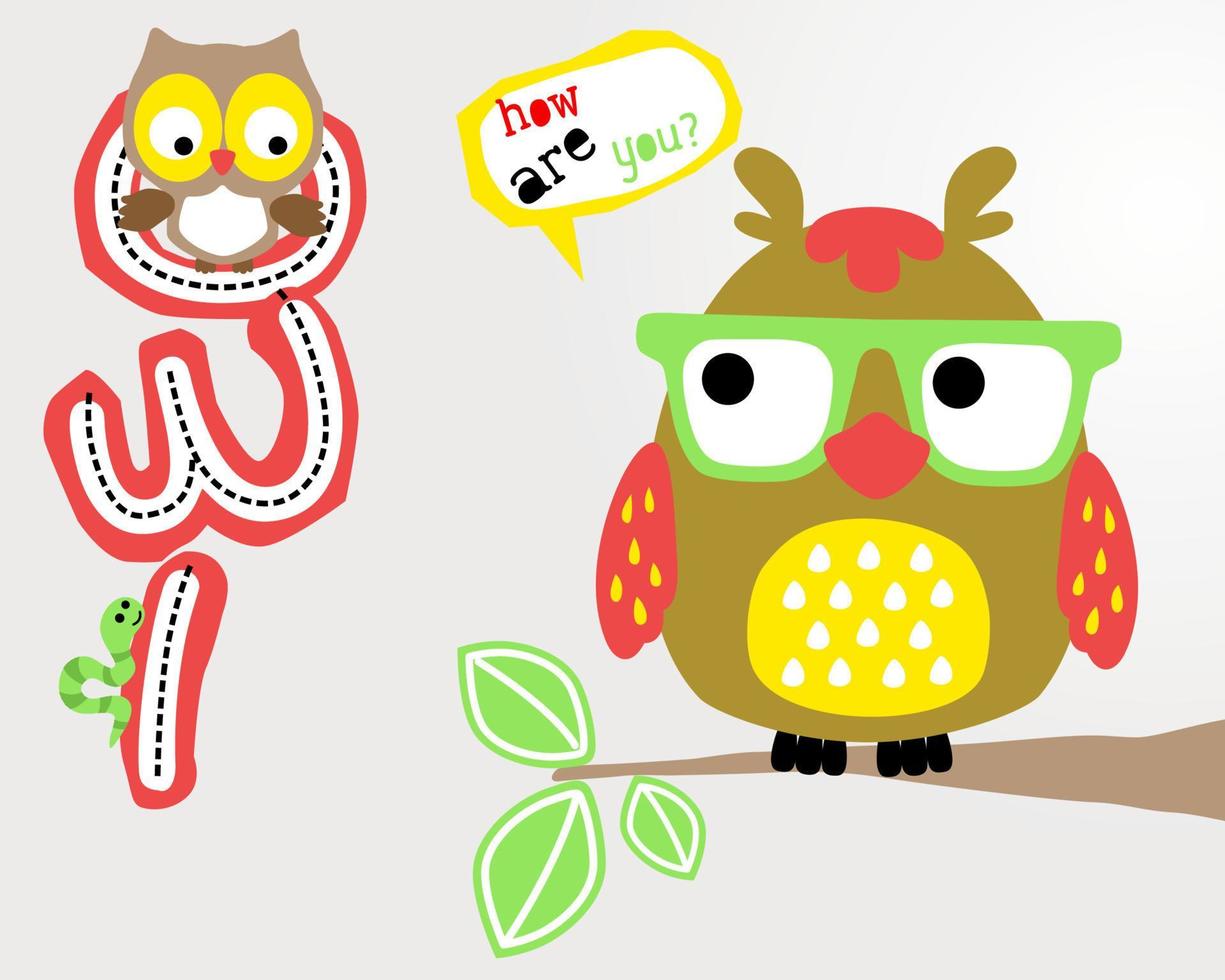 Cute owl cartoon in eyeglasses perch on tree branches. Owl and caterpillar on OLD word vector