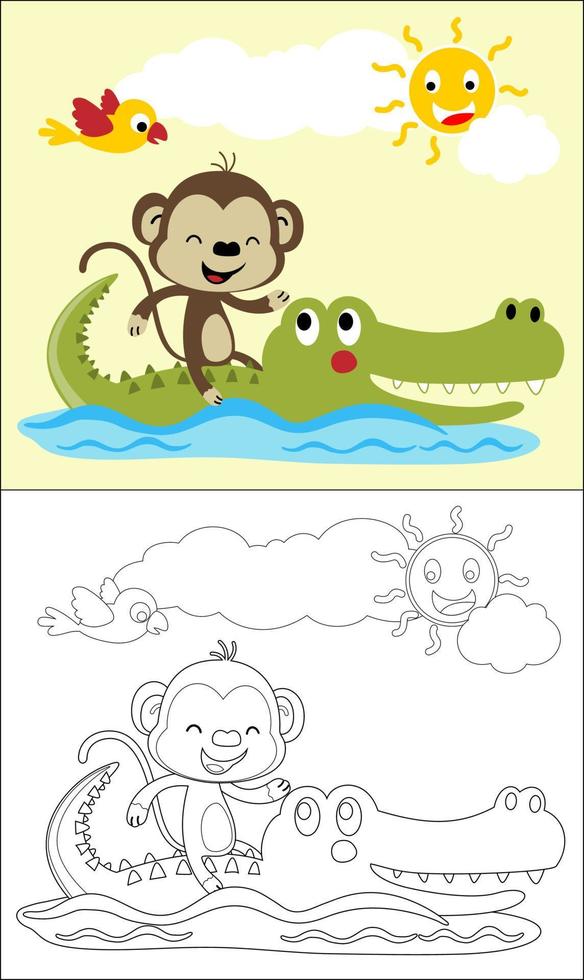 Coloring book or page with funny animals cartoon, monkey ride on crocodile in river at summer vector