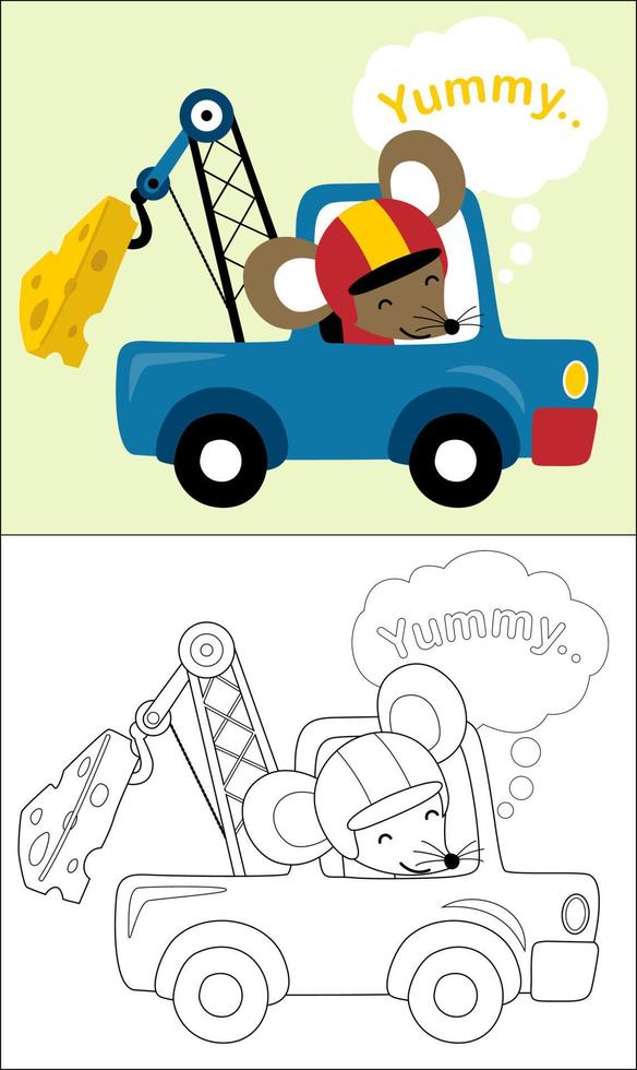 Coloring book or page of funny rat cartoon on tow truck towing a huge cheese vector