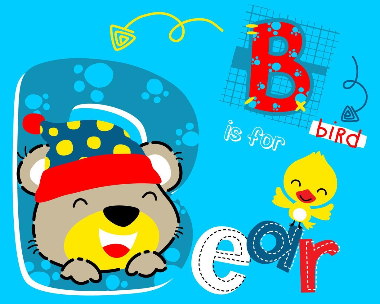 Vector illustration of cute bear cartoon wearing winter hat with little bird