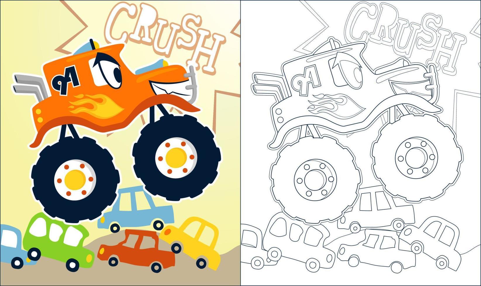 Coloring book or page with monster truck cartoon, crushing cars vector