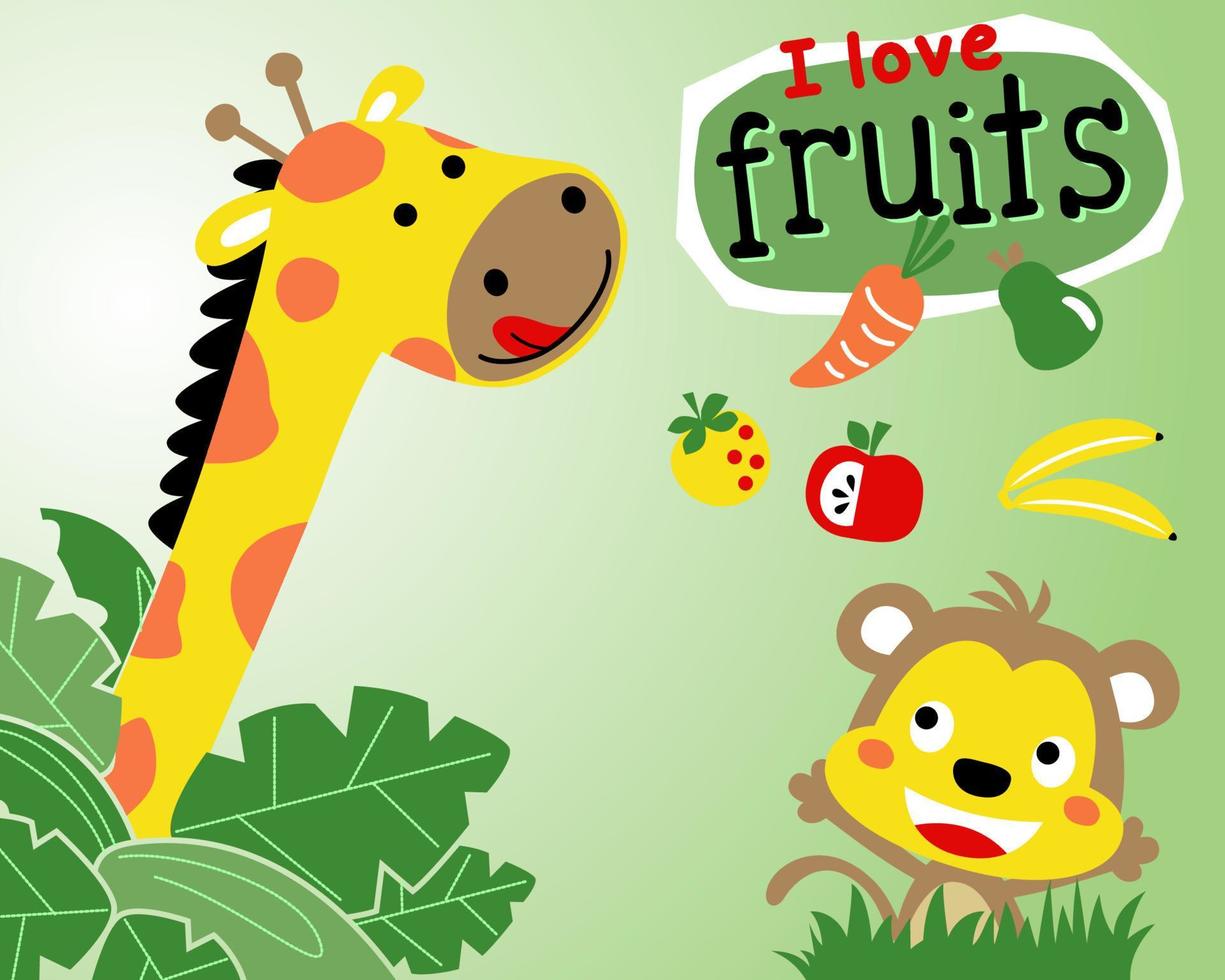 Vector cartoon of giraffe with funny monkey and fruits