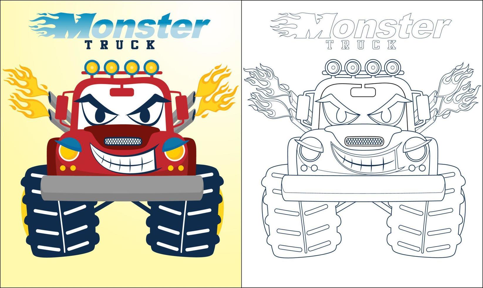 Coloring book or page of monster truck cartoon with creepy smile vector