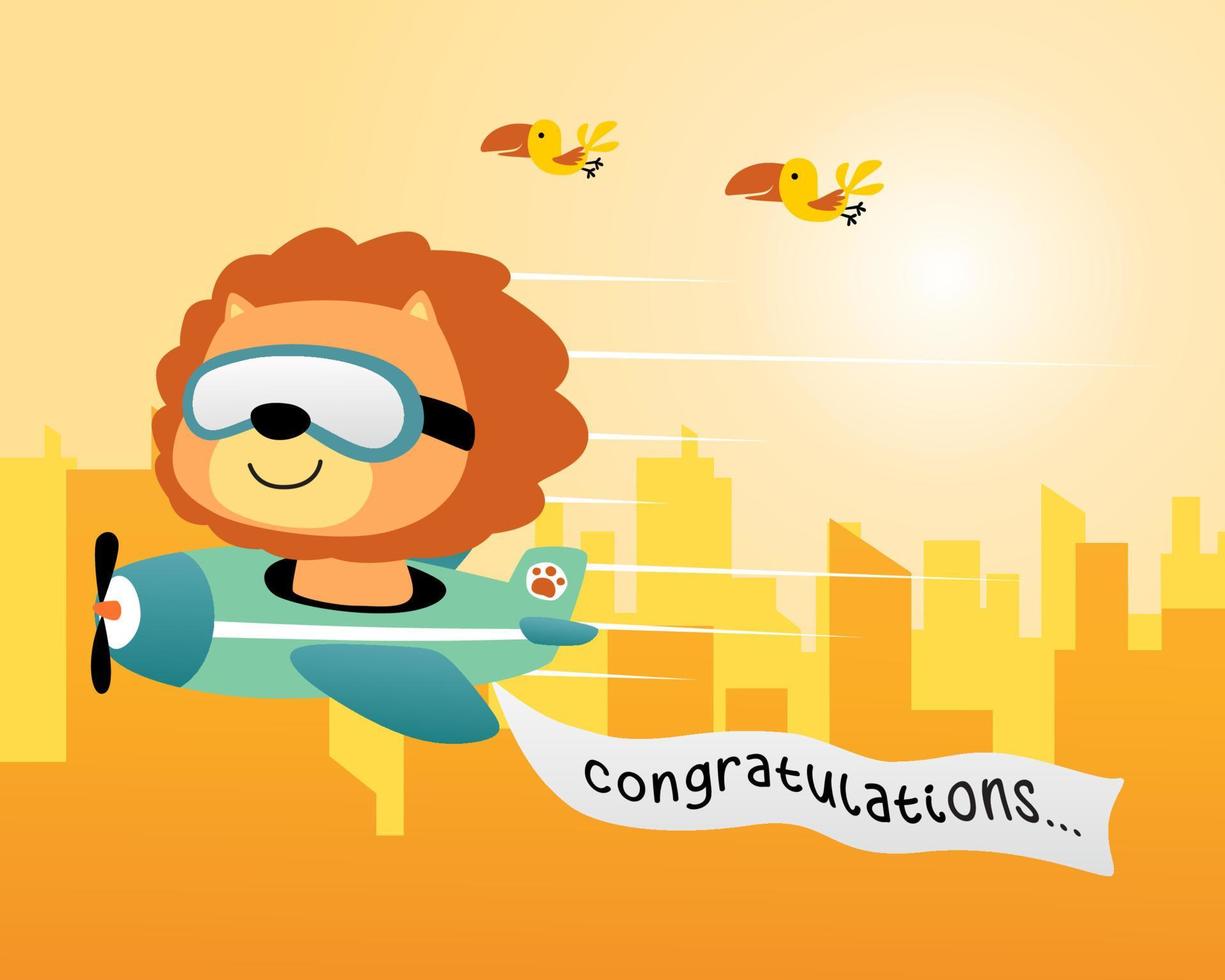 Cute lion cartoon on airplane with buildings background vector