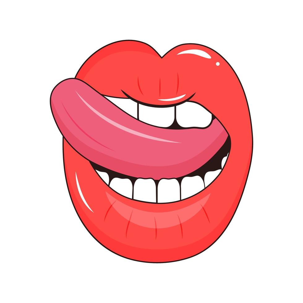 labios con lengua en popular Arte estilo. mujer medio abierto boca con pega fuera lengua. vector