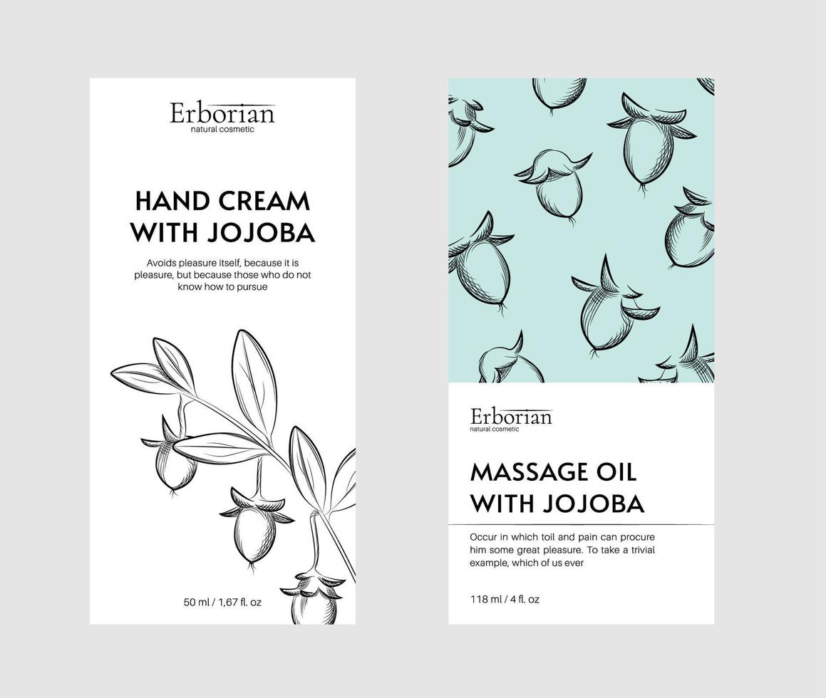 Packaging design for herbal cosmetics. Hand drawn vector illustration jojoba