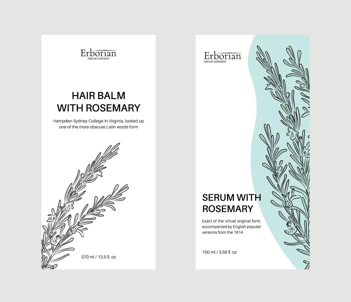 Packaging design for herbal cosmetics. Hand drawn vector illustration rosemary