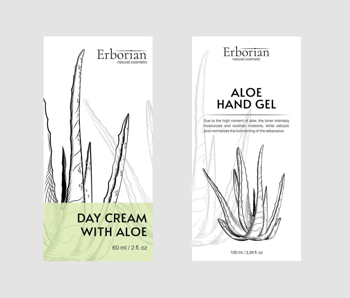 Packaging design for herbal cosmetics. Hand drawn vector illustration aloe vera