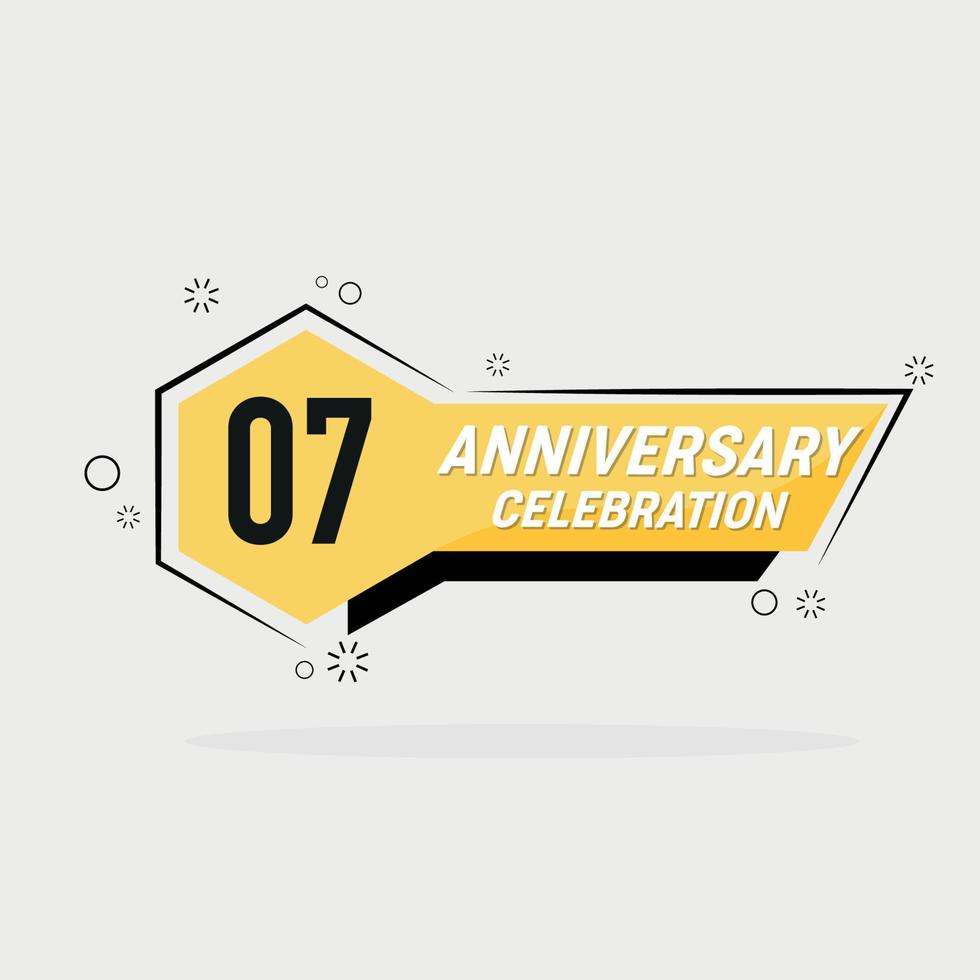 07 years anniversary logo vector design with yellow geometric shape with gray background