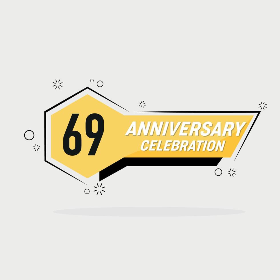 69 years anniversary logo vector design with yellow geometric shape with gray background
