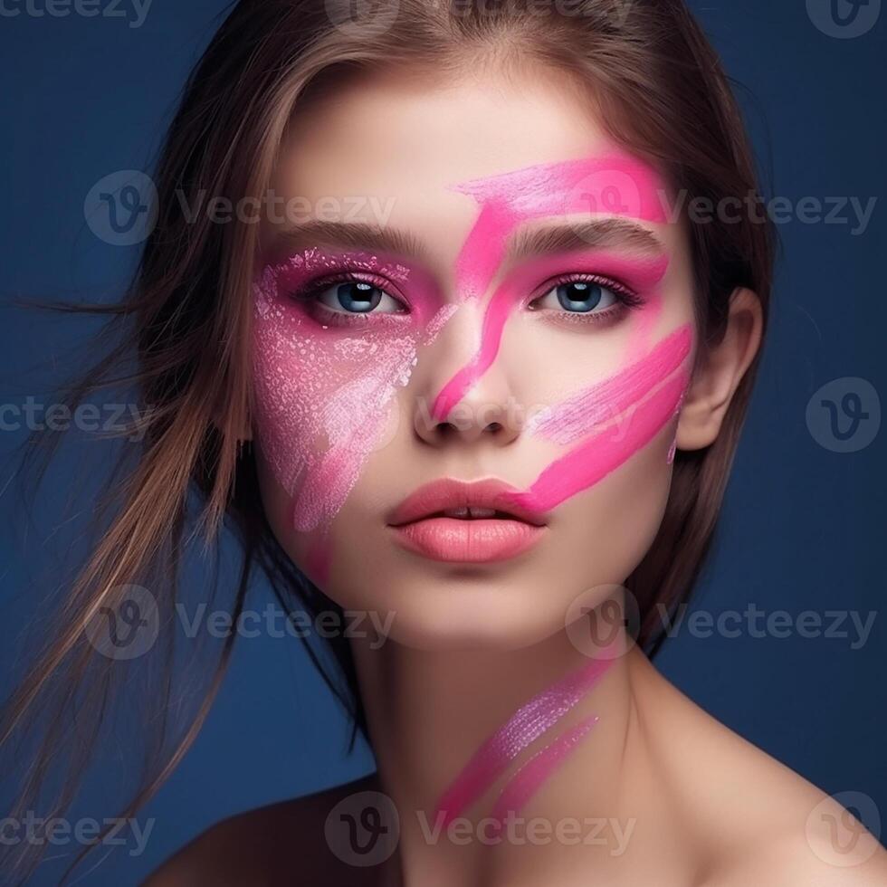 hermosa mujer con rosado artístico maquillaje foto