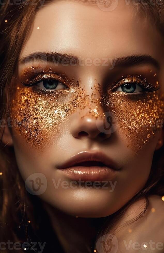 Young beautiful woman with golden makeup photo