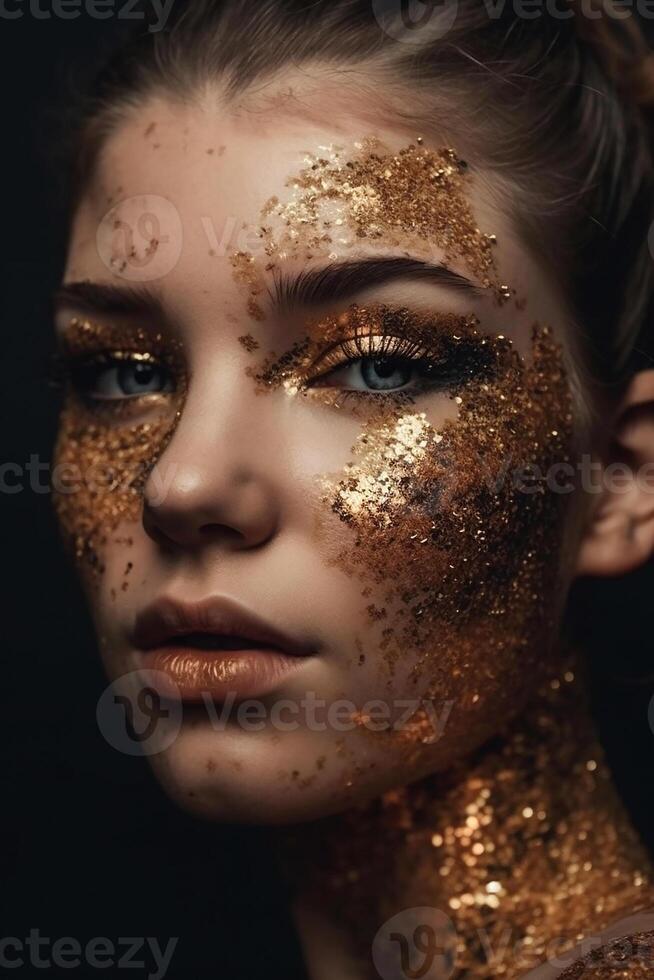 Young beautiful woman with golden makeup photo