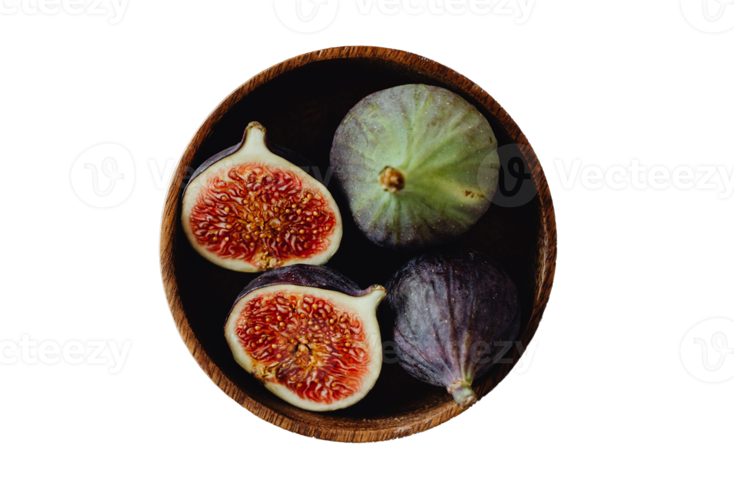 Wooden bowl with figs isolated on a transparent background png