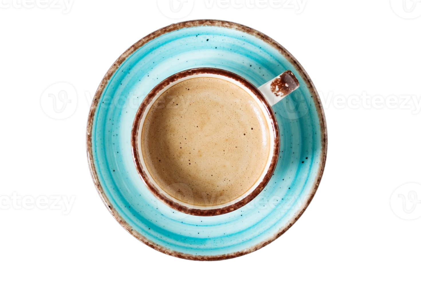 Blue plate and cup with coffee milk isolated on a transparent background png