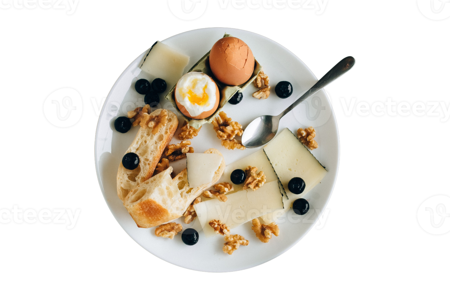 Meal, white plate with eggs, cheese, bread and fruit isolated on a transparent background png