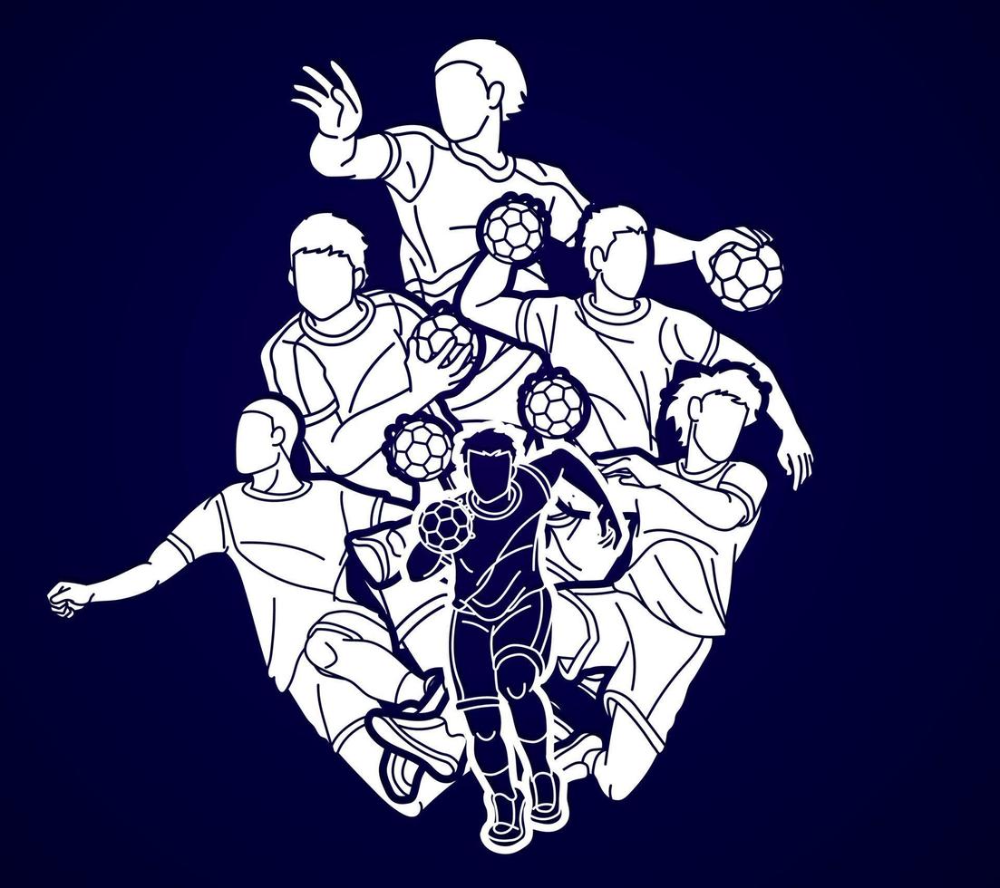 Silhouette Group of Handball Sport Male Players Team Mix Action Cartoon Graphic Vector