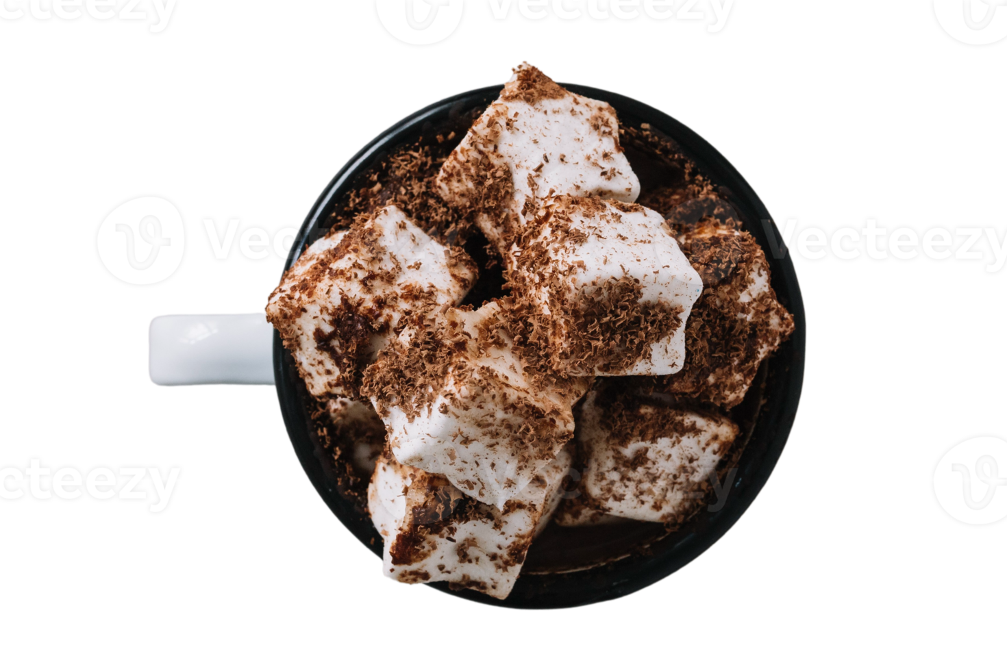 White cup with chocolate and mashmallows isolated on a transparent background png
