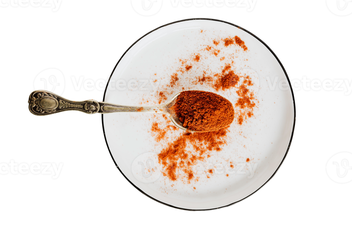 White plate, spoon and orange spice isolated on a transparent background png