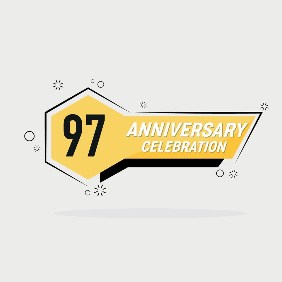 97th years anniversary logo vector design with yellow geometric shape with gray background