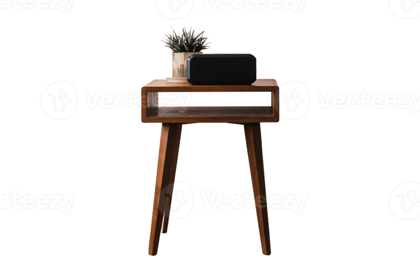 Brown side table with vase and plant isolated on a transparent background png