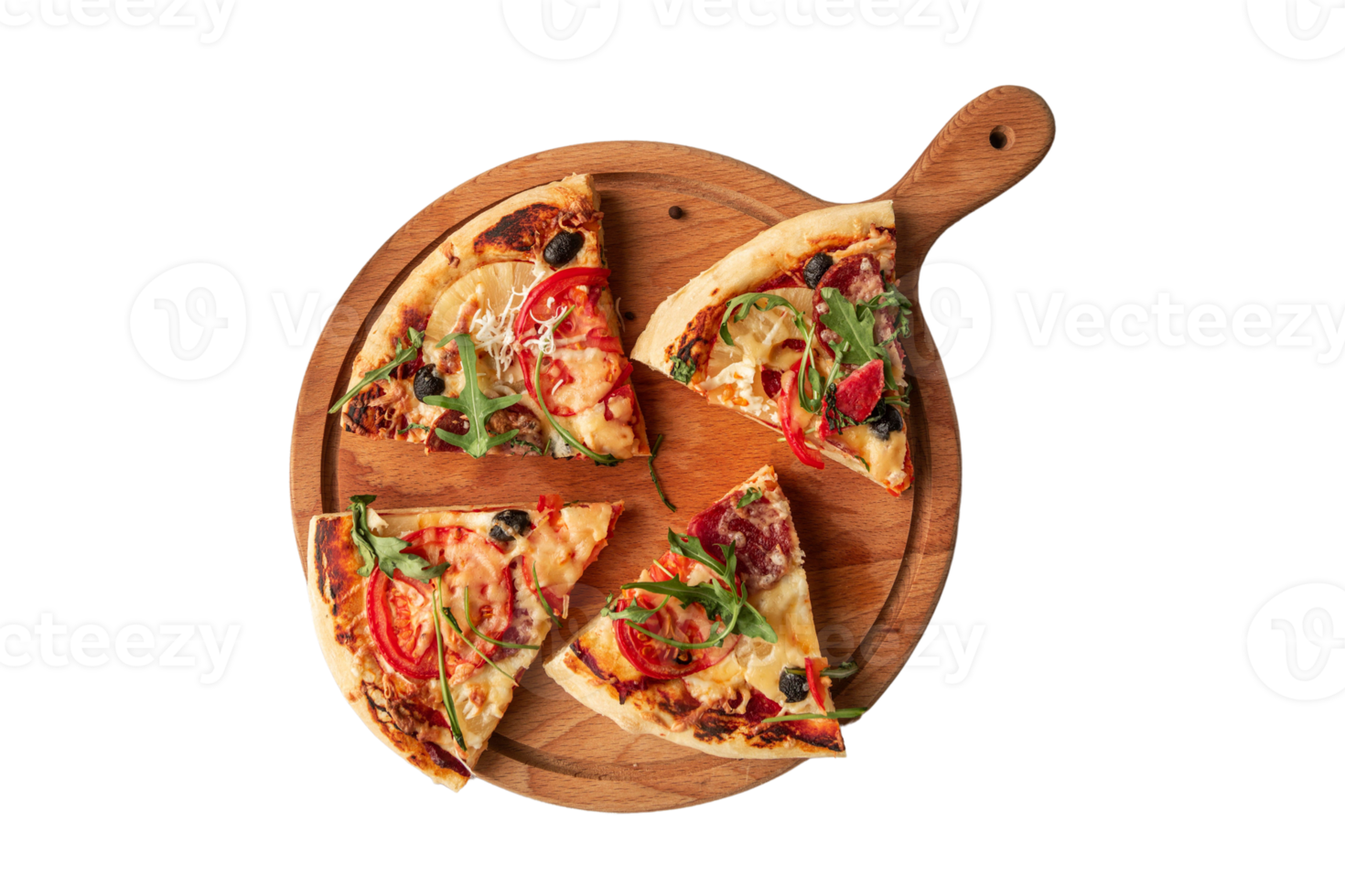 Pizza on a wooden board isolated on a transparent background png
