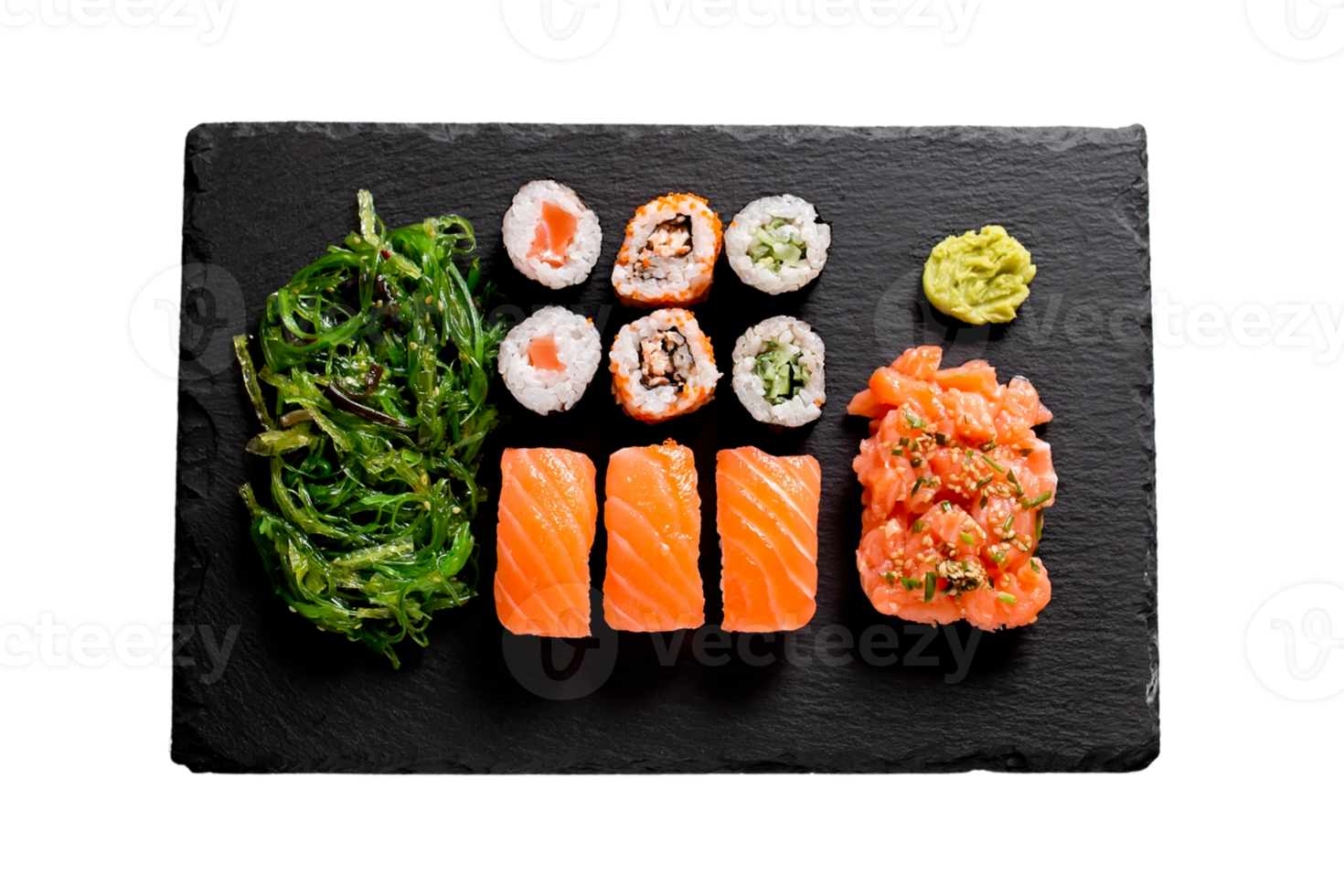 Black tray with japanese sushi rolls isolated on a transparent background png