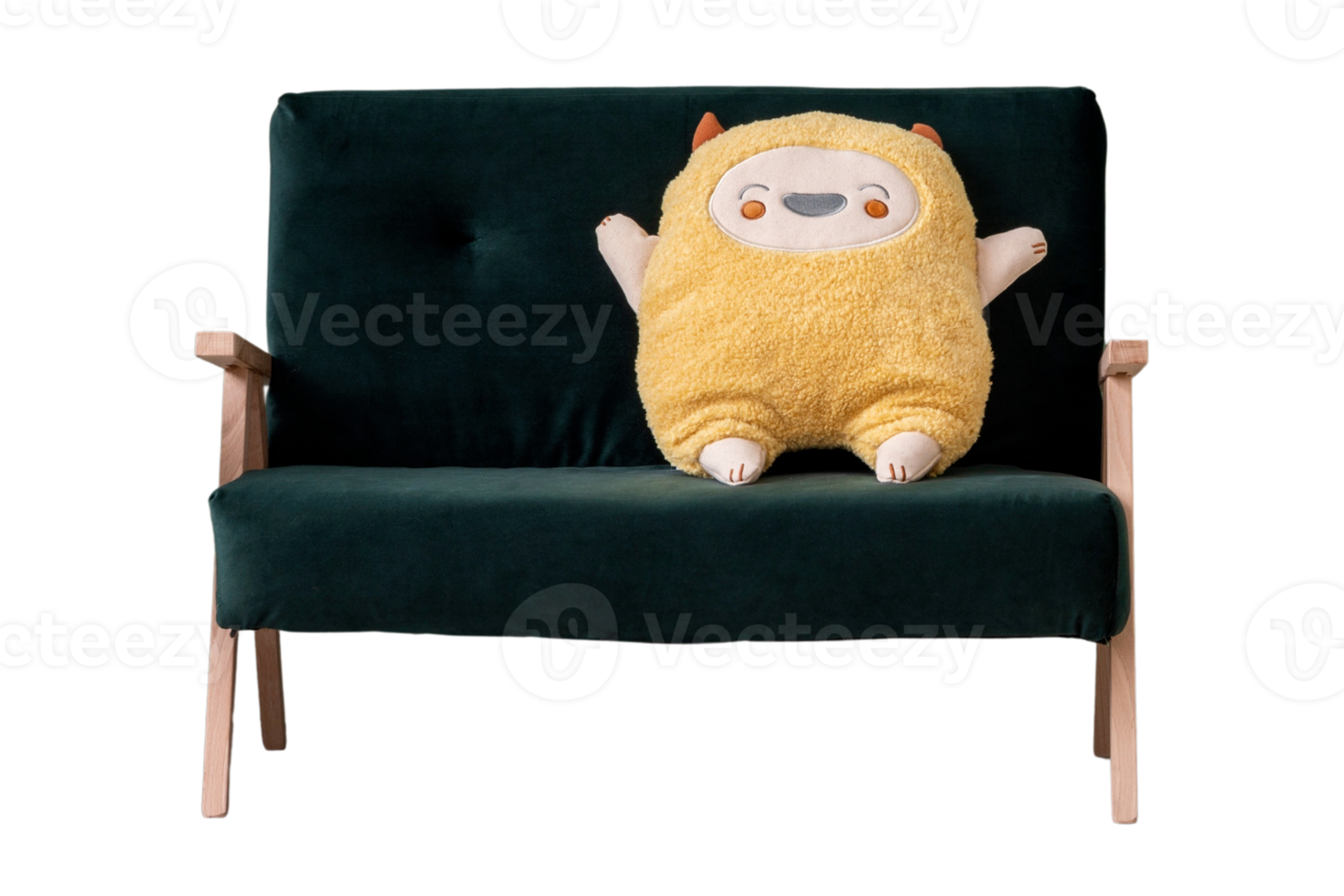 Green sofa with yellow plush toy isolated on a transparent background png