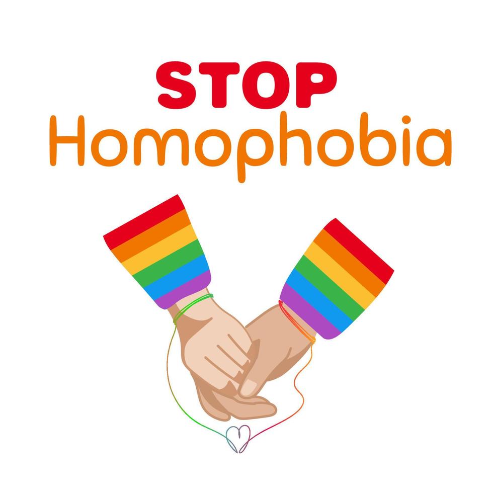 Rainbow stop sign with a hands and text Stop Homophobia for the International Day Against Homophobia. Without background, isolated, clip art. vector