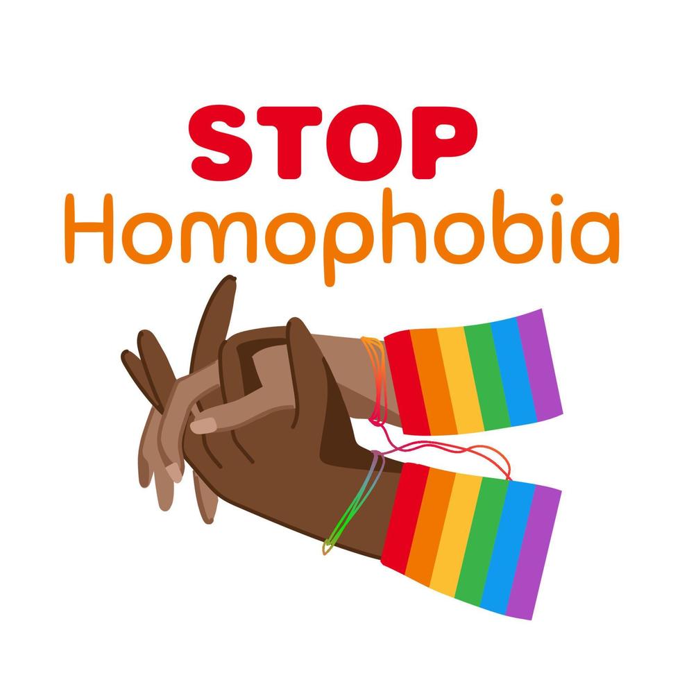 Rainbow stop sign with a hands and text Stop Homophobia for the International Day Against Homophobia. Without background, isolated, clip art. vector