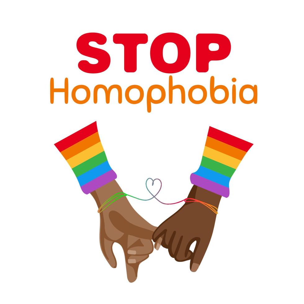 Rainbow stop sign with a hands and text Stop Homophobia for the International Day Against Homophobia. Without background, isolated, clip art. vector