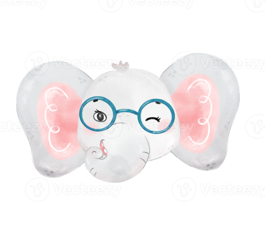 cute watercolor nerd wild elephant animal wear glasses cartoon painting png
