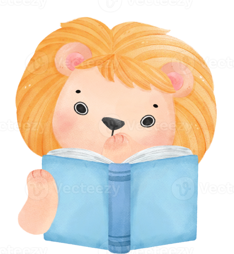 cute watercolour baby lion animal kid reading book, back to school cartoon character illustration png