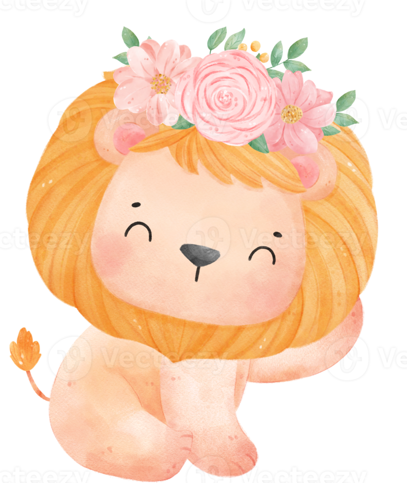 schattig zoet gelukkig baby leeuw met bloemen kroon waterverf kind dier illustratie png