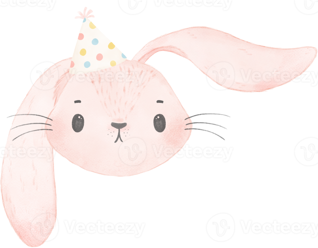 Adorable whimsical sweet happy baby pink bunny rabbit face head with colourful soft paster polka dot party hat watercolour illustration png