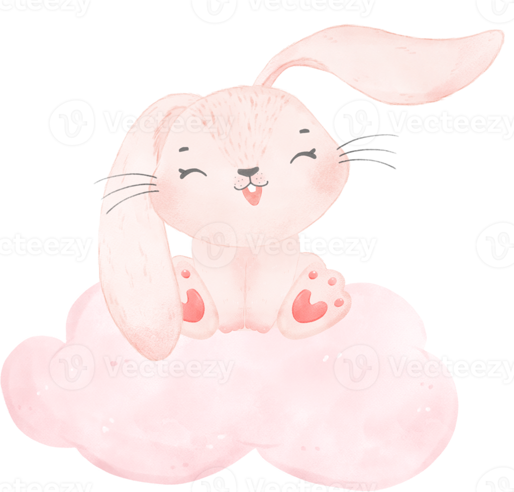 adorable whimsical happy sweet baby pink bunny rabbit watercolour on soft pink cloud children illustration png