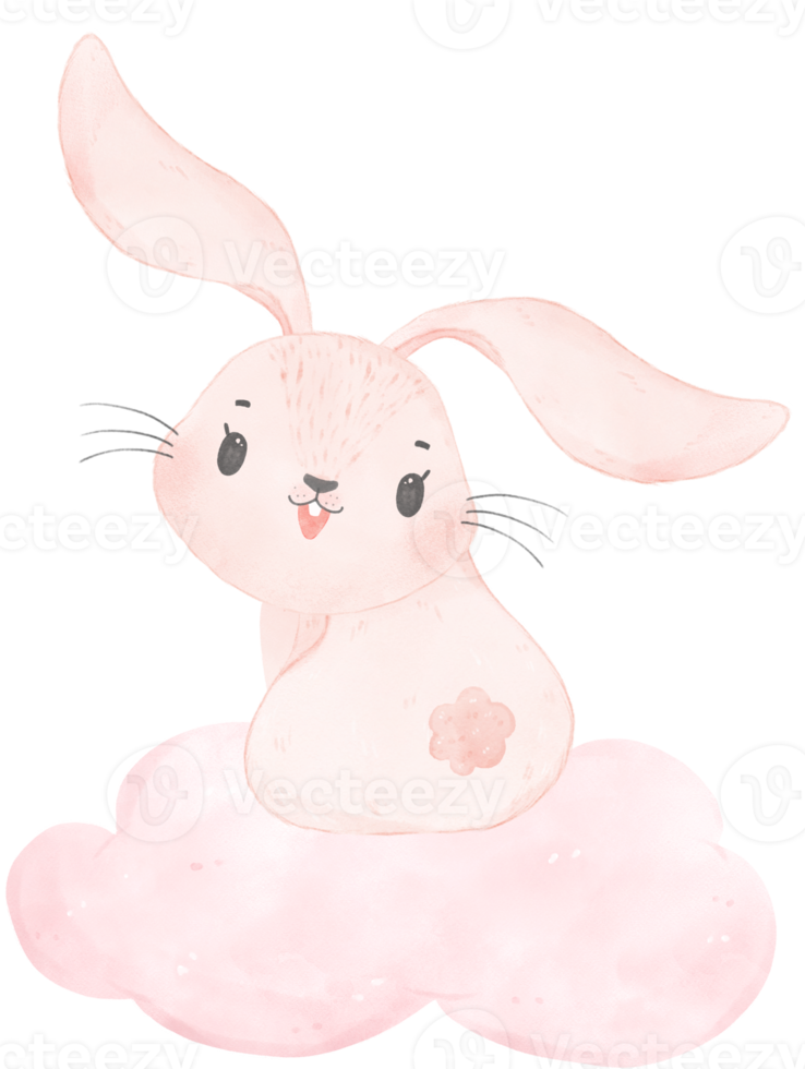 adorable whimsical happy sweet baby pink bunny rabbit watercolour on soft pink cloud children illustration png