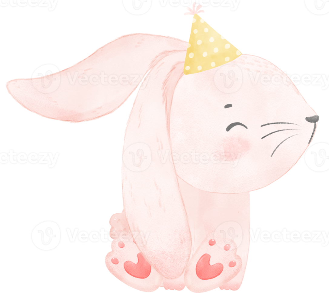 Adorable whimsical happy baby pink bunny rabbit with colourful party hat, children watercolor illustration png