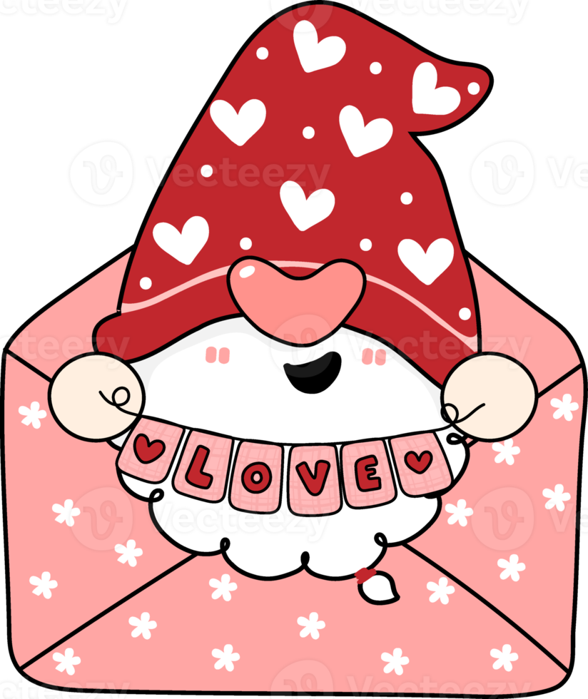 Cute Happy sweet red Valentine Gnome cartoon doodle hand drawing png