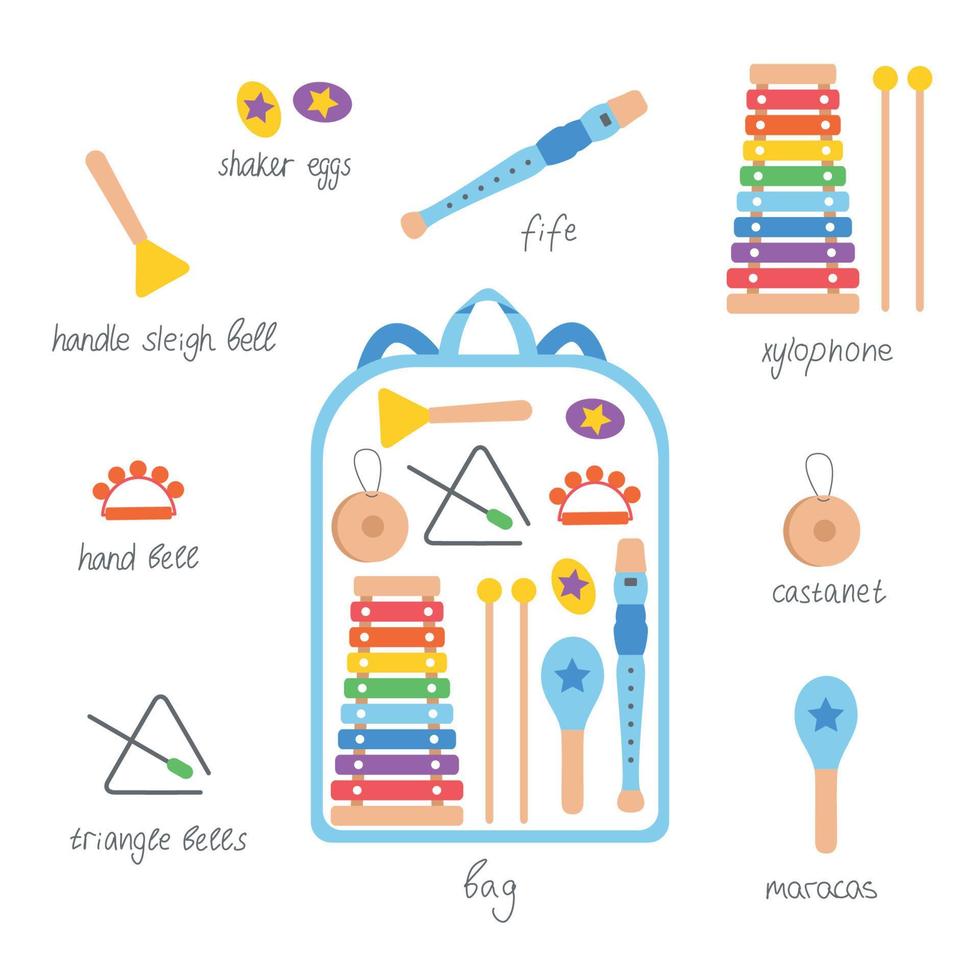 Hand drawn toy musical instruments for kids with backpack. Flat vector illustration