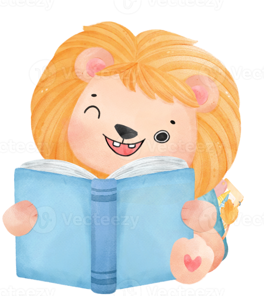 cute watercolour baby lion animal kid reading book, back to school cartoon character illustration png